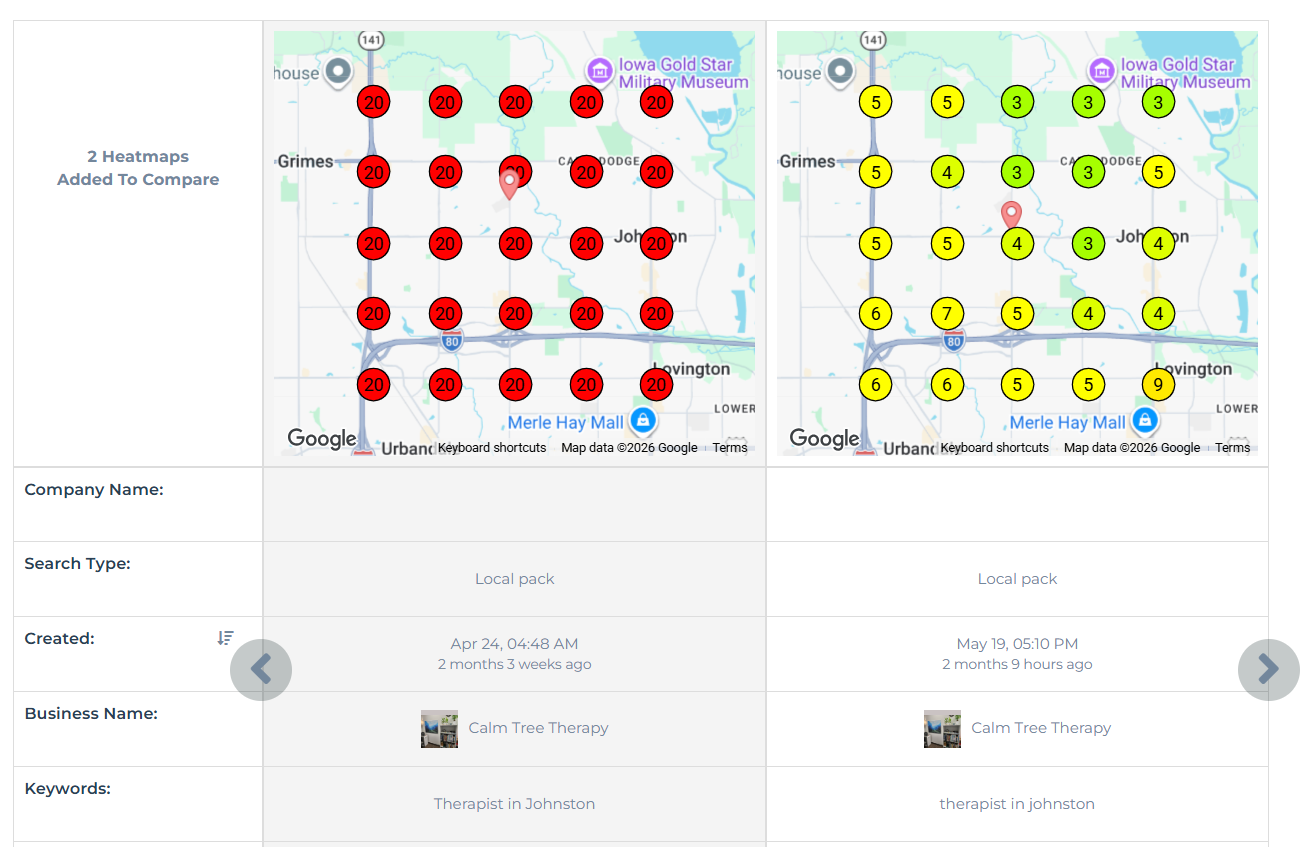 Calm Tree Therapy Google local rank heatmap comparison showing improvement from 20 to 4